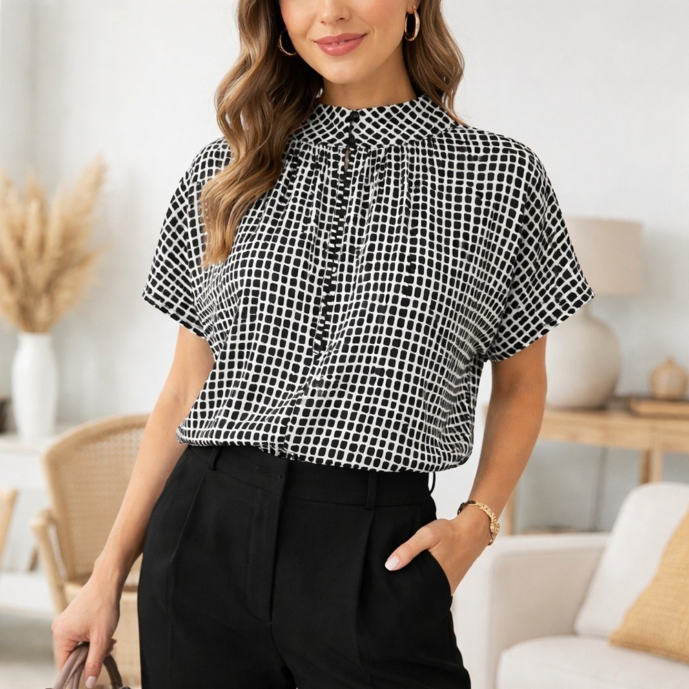 W Worthington Women's Size‎ S Black White Geometric Mock Neck Blouse Office Chic